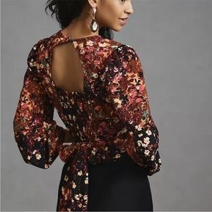 Anthropologie Balloon-Sleeve Blouse Open Back Tie Belt Top-BRAND NEW